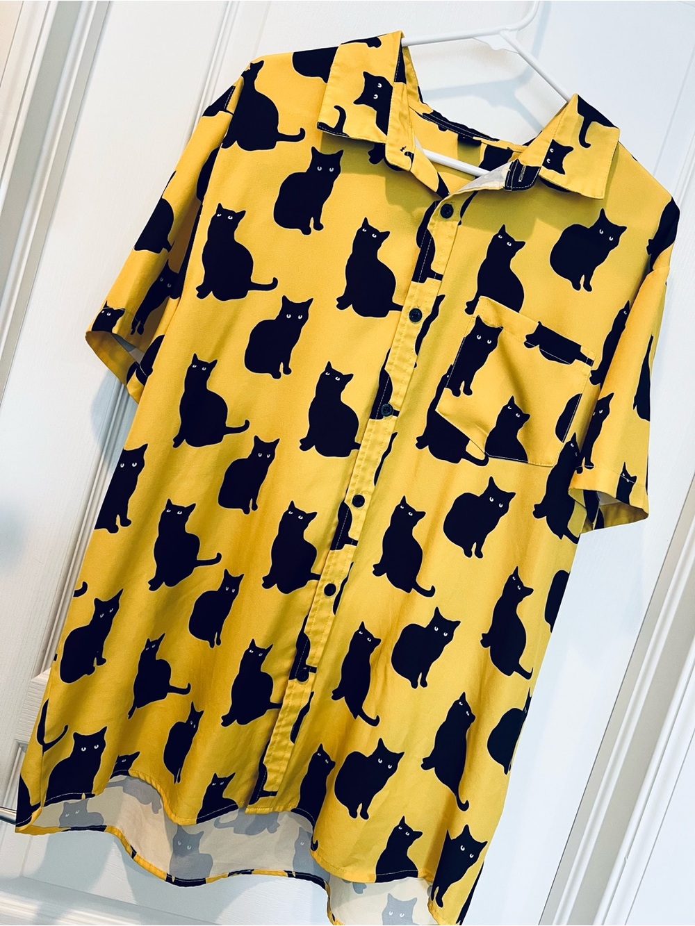 SHEIN Yellow Short-Sleeve Black Cat Button-Up Shirt Novelty Punk Funky Fun Sz XL